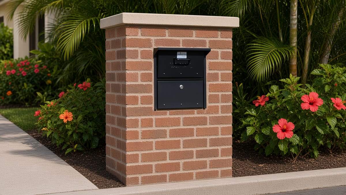 Illustrative sample: reddish-brown brick veneer mailbox pillar with stone cap and dark metal insert